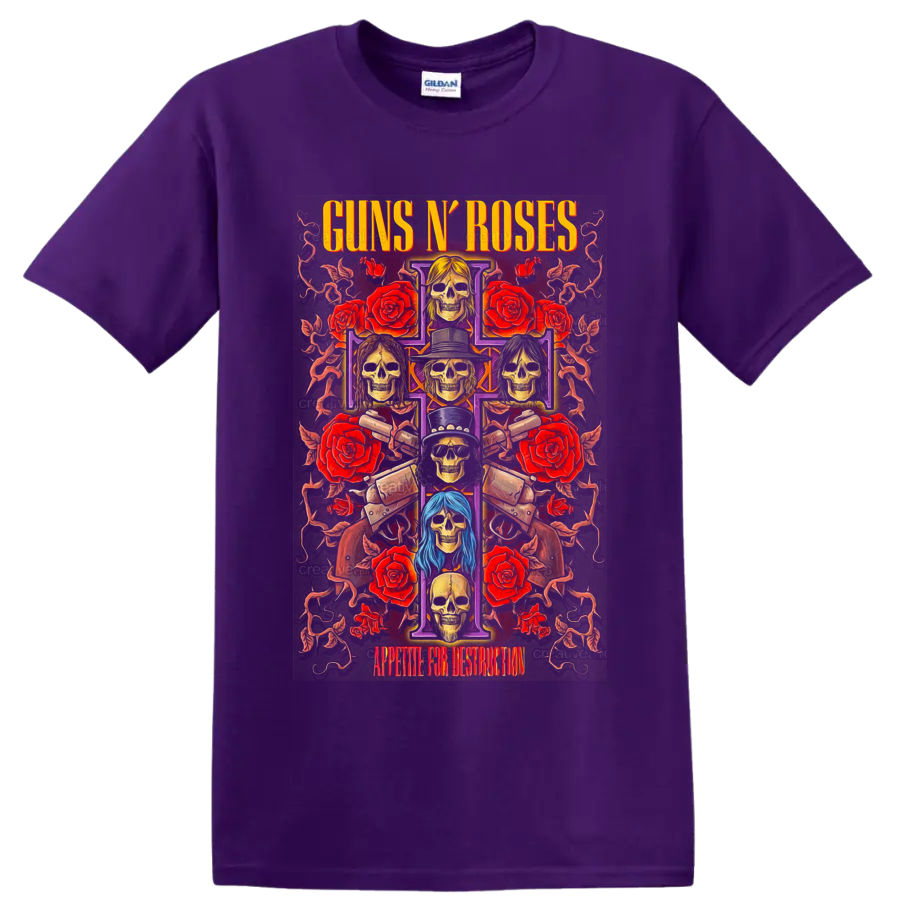 Guns N' Roses Appetite for Destruction skull cross with roses and pistols on a Purple T Shirt