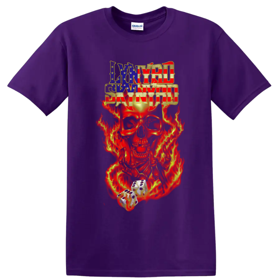 Lynyrd Skynyrd American flag lettering with flaming skull and dice graphic on a Purple T Shirt