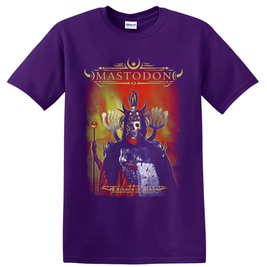 Mastodon Emperor of Sand distressed album art with skeletal horned ruler and fiery on a Purple T Shirt