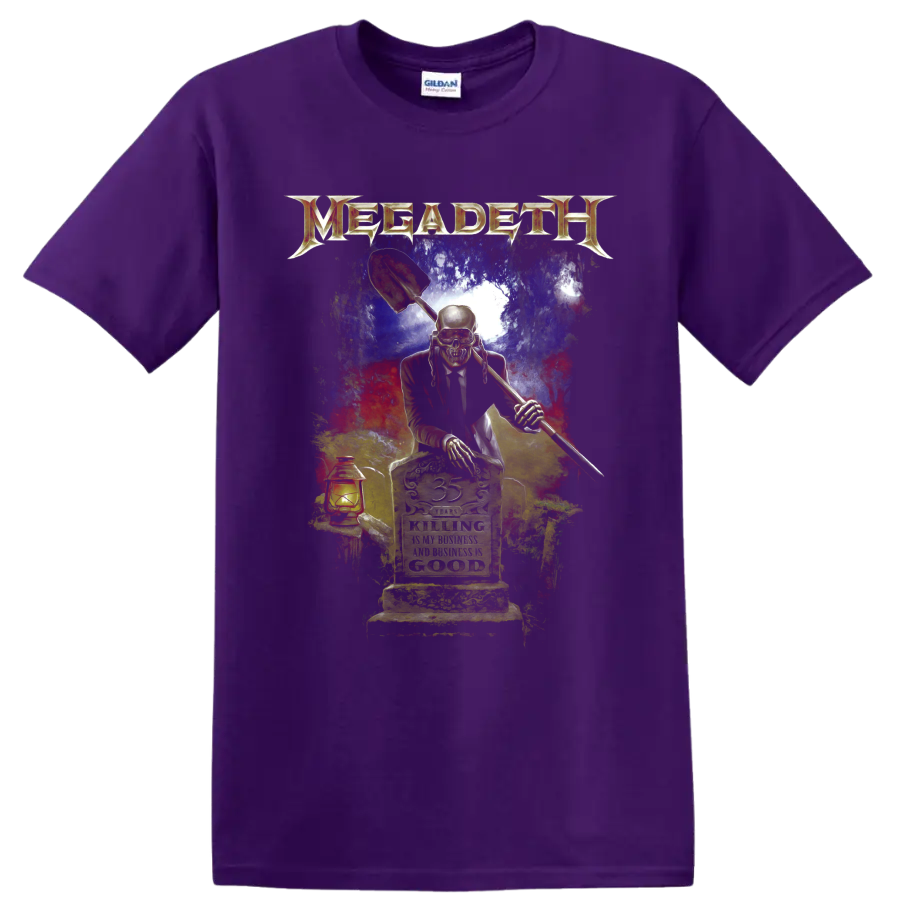 Megadeth Vic Rattlehead graveyard graphic with shovel, lantern, and distressed metal art on a Purple T Shirt