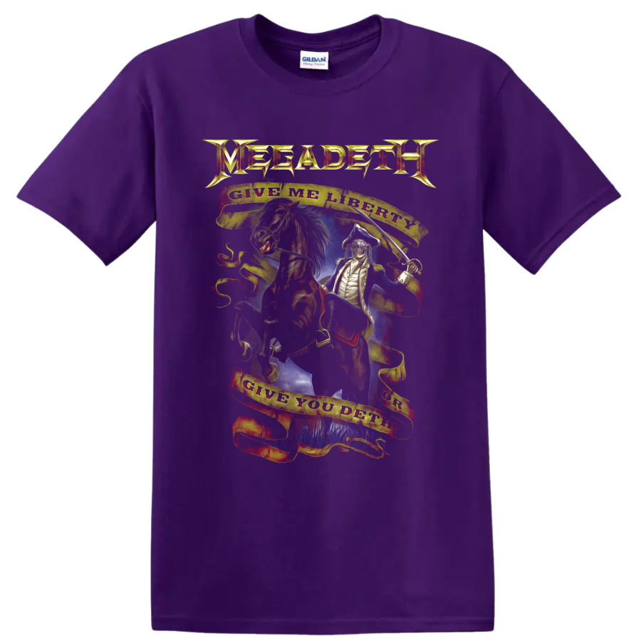 Megadeth Vic Rattlehead horse and saber graphic with Give Me Liberty Give You Deth banners on a Purple T Shirt