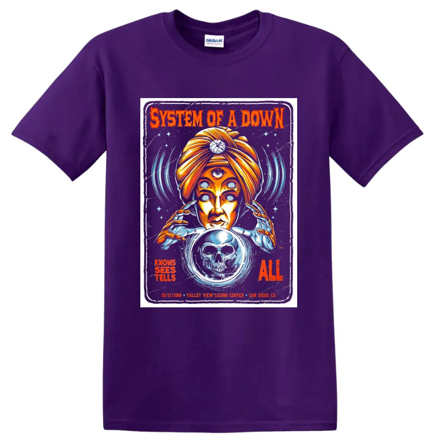 System of a Down concert poster art with psychic, skull crystal ball, and spiral eyes on a Purple T Shirt