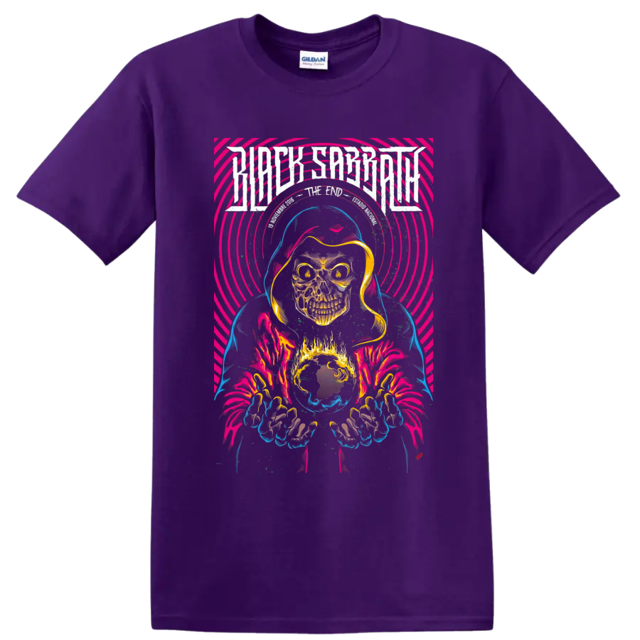 Black Sabbath The End Tour hooded skull reaper with neon psychedelic rings on a Purple T Shirt