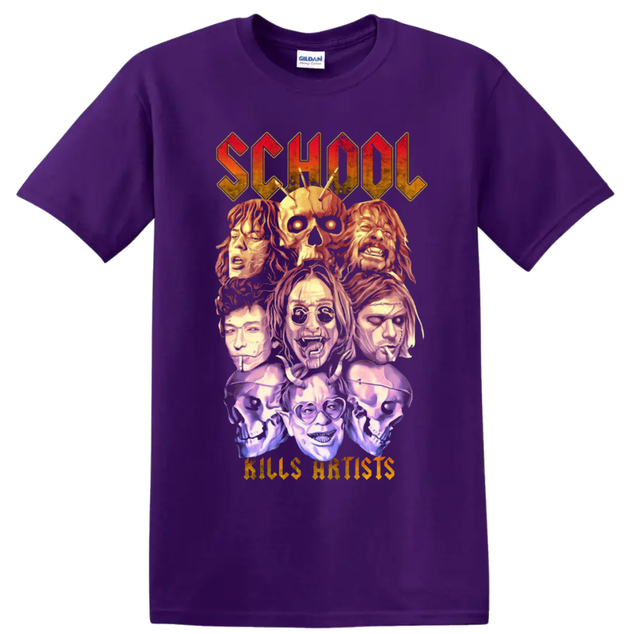 School Kills Artists gothic horror collage with skulls and illustrated faces on a Purple T Shirt