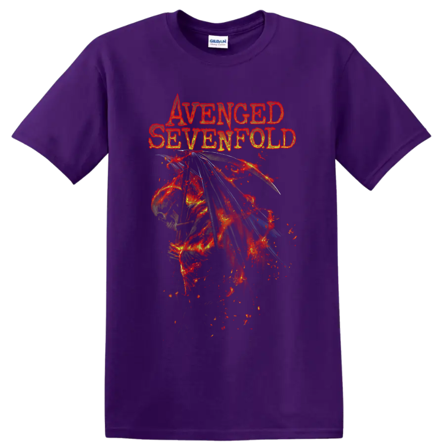 Avenged Sevenfold distressed lettering above fiery winged skeleton metal artwork on a Purple T Shirt