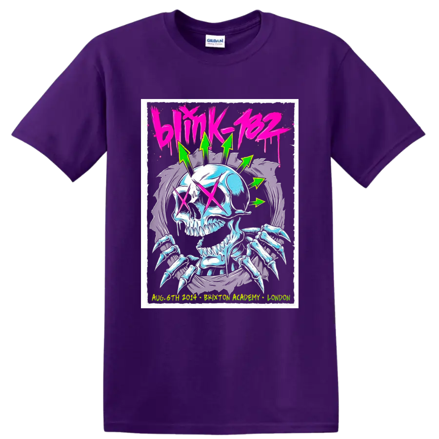 Blink-182 Brixton Academy neon skull concert poster with wings and pink X eyes on a Purple T Shirt
