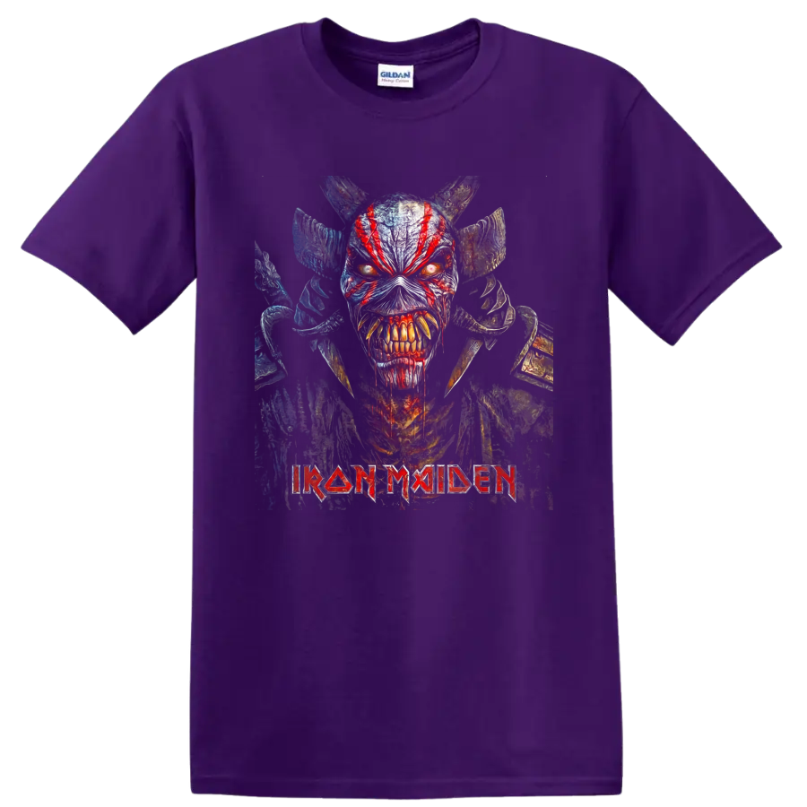 Iron Maiden Eddie horned warrior graphic with glowing eyes and band logo on a Purple T Shirt