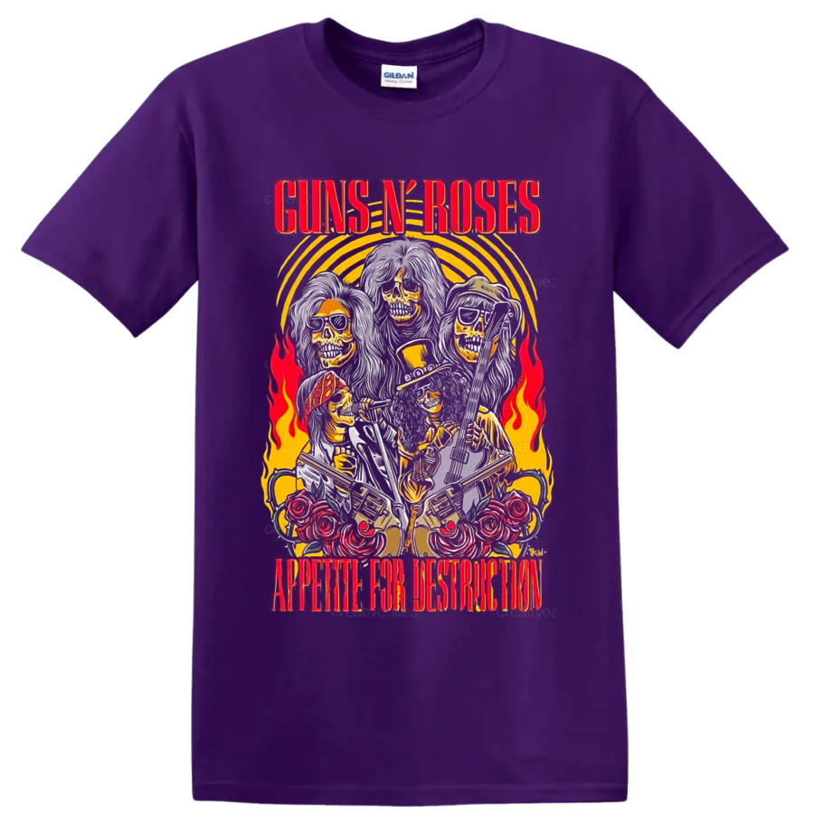 Guns N' Roses Appetite for Destruction skeleton band graphic with guitars, roses and on a Purple T Shirt
