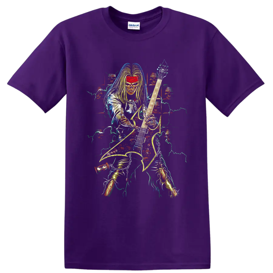 Dimebag Darrell-inspired skeletal guitarist with electric guitar and lightning artwork on a Purple T Shirt