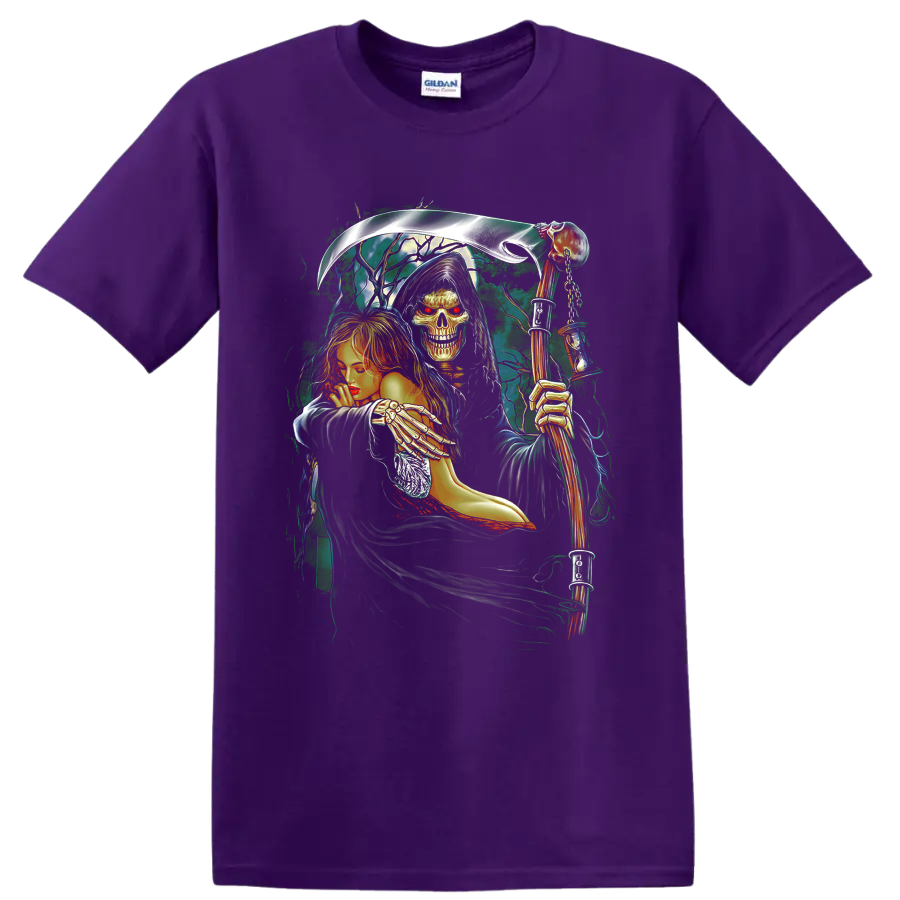Gothic Grim Reaper holding a woman with a skull, red hair, and scythe on a Purple T Shirt