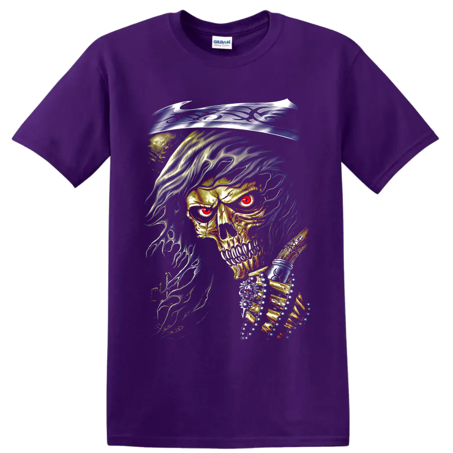 Fiery gothic skull with sweeping blue flame-like dark art illustration on a Purple T Shirt