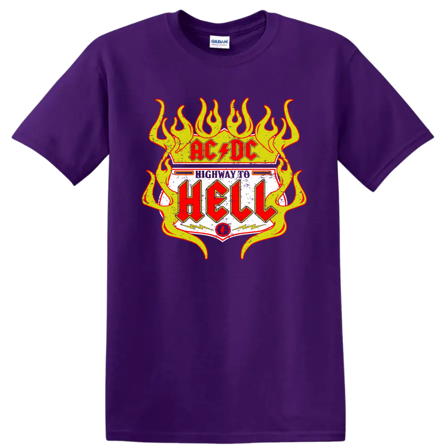 AC/DC Highway to Hell distressed road sign graphic with yellow flames and red lettering on a Purple T Shirt