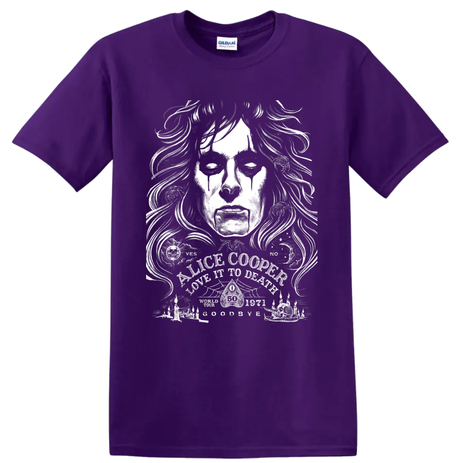 Alice Cooper Love It to Death gothic face illustration with occult symbols and candles on a Purple T Shirt