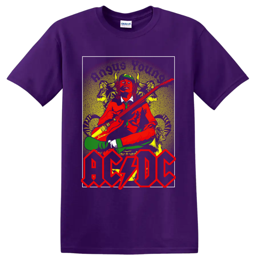 Angus Young guitar performance in distressed AC/DC vintage rock-poster artwork on a Purple T Shirt