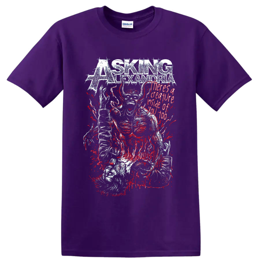 Asking Alexandria horned creature horror graphic with red splatter and distressed on a Purple T Shirt
