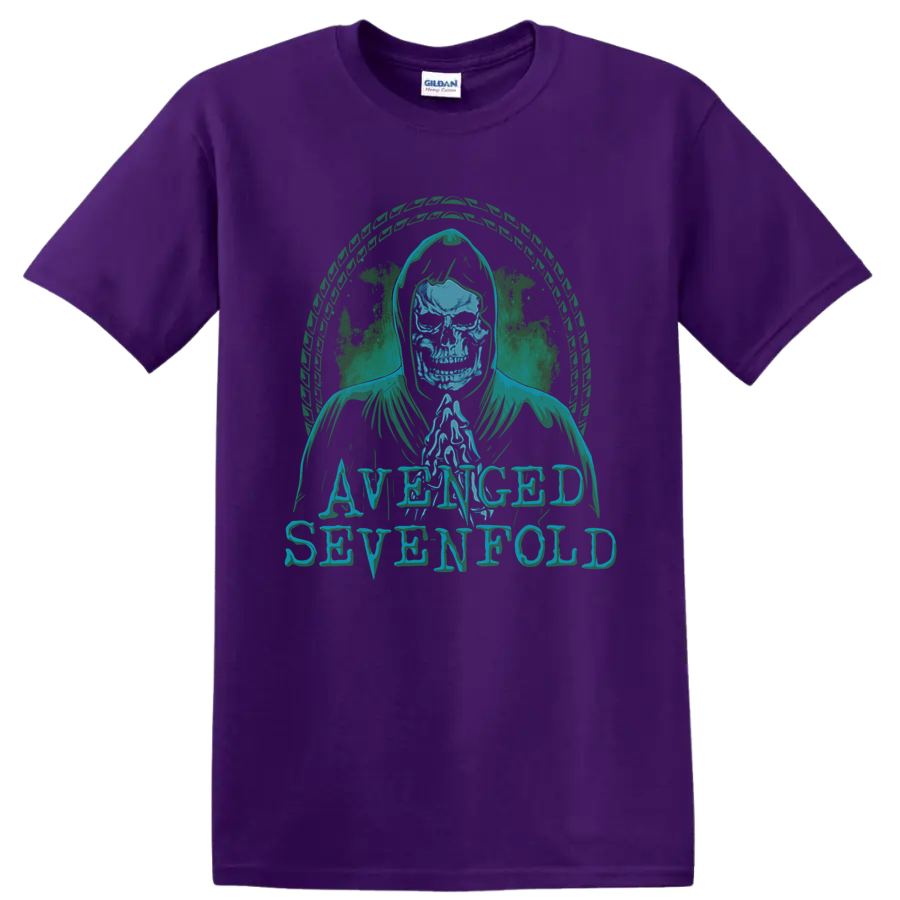Avenged Sevenfold hooded skull Deathbat-inspired distressed rock graphic on a Purple T Shirt