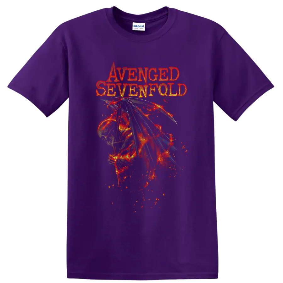 Avenged Sevenfold distressed fiery winged skull graphic with band name lettering on a Purple T Shirt