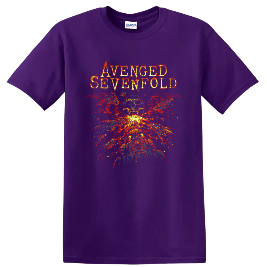 Avenged Sevenfold Deathbat skull with wings and fiery distressed explosion graphic on a Purple T Shirt