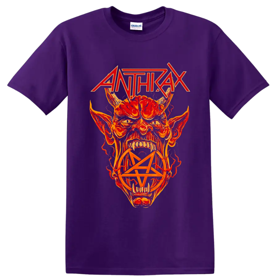 Anthrax logo above fiery horned demon artwork with a pentagram on a Purple T Shirt