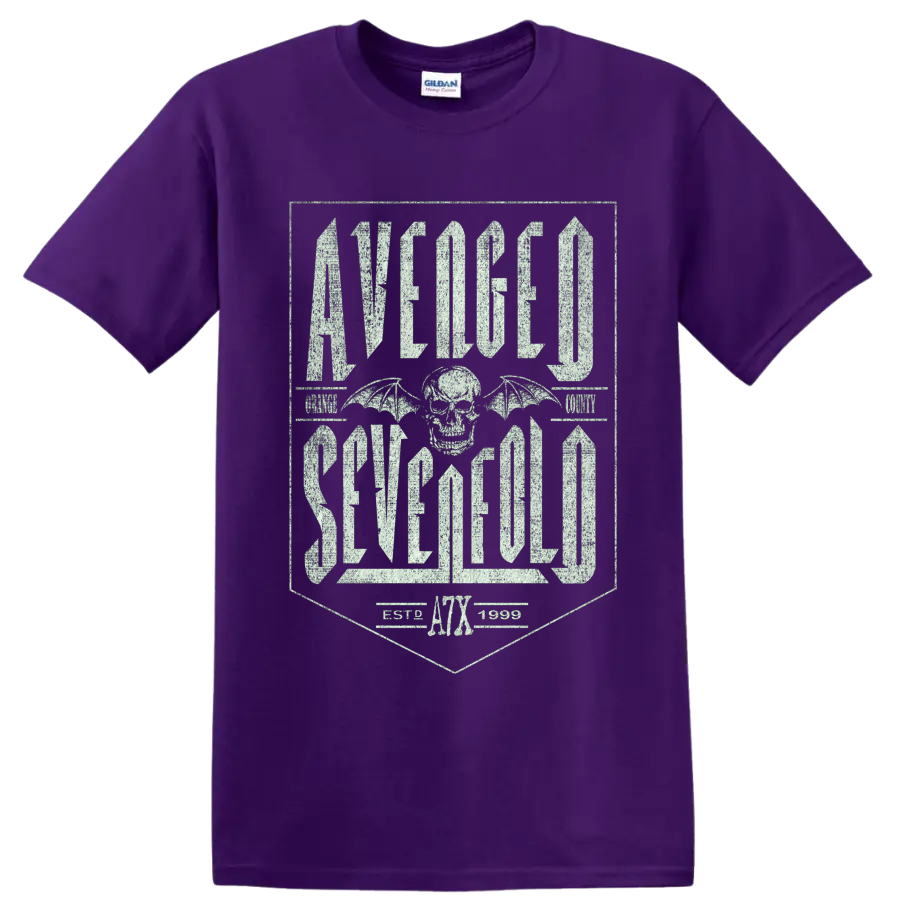 Avenged Sevenfold Deathbat skull and wings with distressed gothic lettering and A7X on a Purple T Shirt