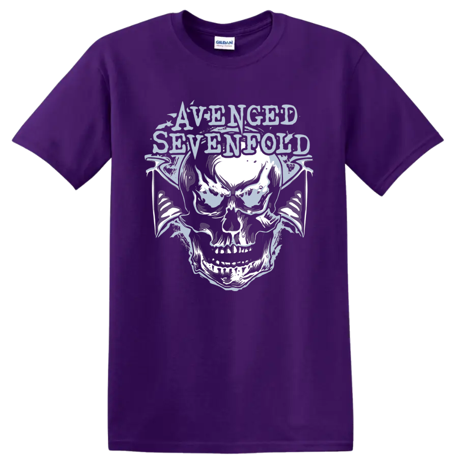 Avenged Sevenfold Deathbat skull with bat wings in distressed metal graphic style on a Purple T Shirt
