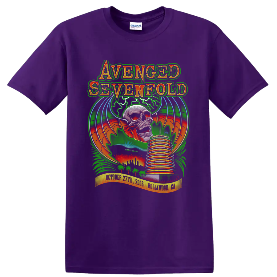 Avenged Sevenfold Hollywood skull concert poster graphic with bats, palms, and Capitol on a Purple T Shirt
