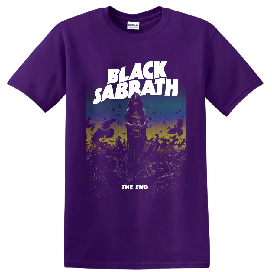 Black Sabbath The End Tour gothic reaper and hourglass graphic print on a Purple T Shirt