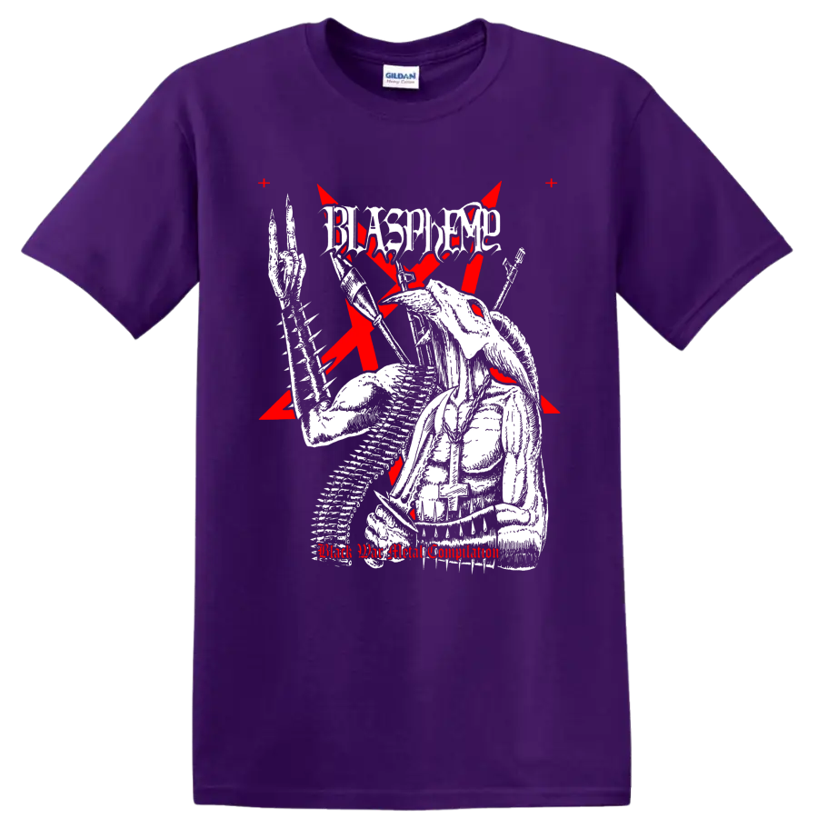 Blasphemy skeletal armored warrior graphic with red crosses and distressed logo on a Purple T Shirt
