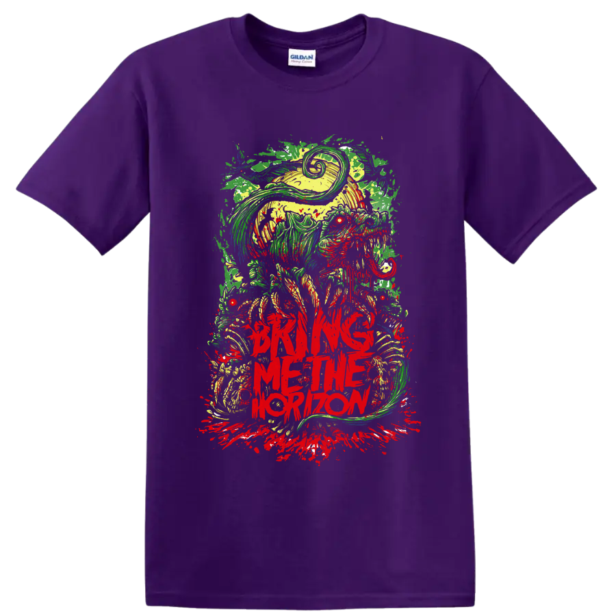 Bring Me the Horizon neon hooded skull horror graphic with red splatter on a Purple T Shirt