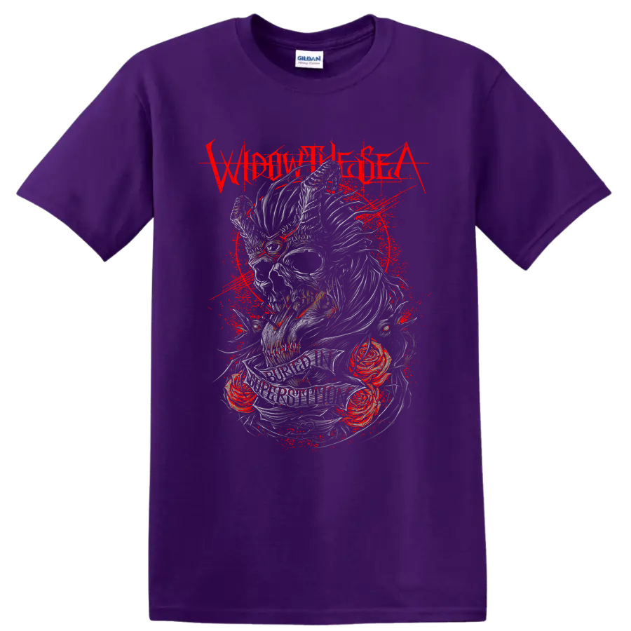 Widow the Sea skull and roses graphic with distressed red splatter on a Purple T Shirt