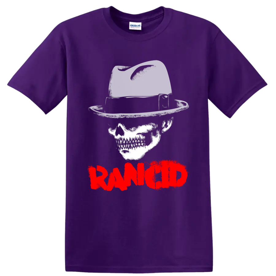 Rancid skull and raised boot graphic with distressed red wordmark on a Purple T Shirt