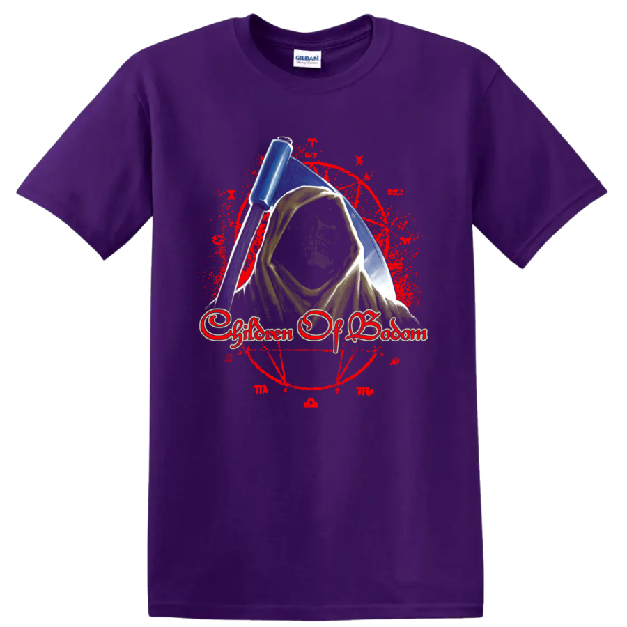 Children of Bodom Roy reaper mascot with blue scythe and distressed red circle on a Purple T Shirt