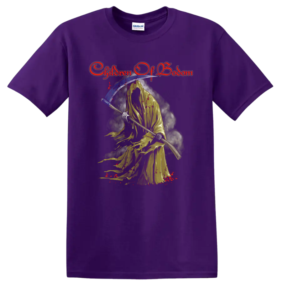 Children of Bodom logo above a distressed hooded reaper holding a scythe on a Purple T Shirt