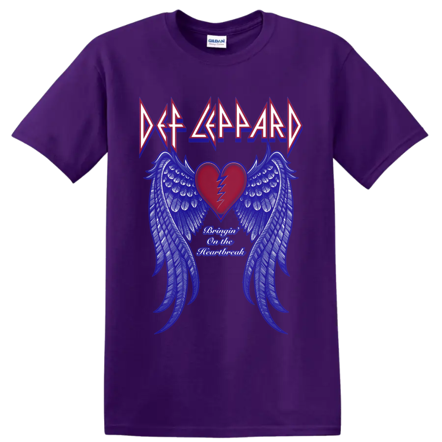 Def Leppard Bringin' on the Heartbreak broken heart and blue wing graphic on a Purple T Shirt