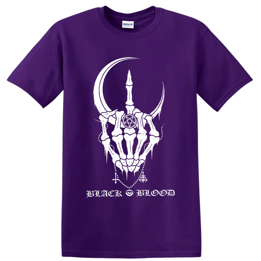 Corrosion of Conformity Black Blood horned skull, pentagram, and crescent gothic graphic on a Purple T Shirt