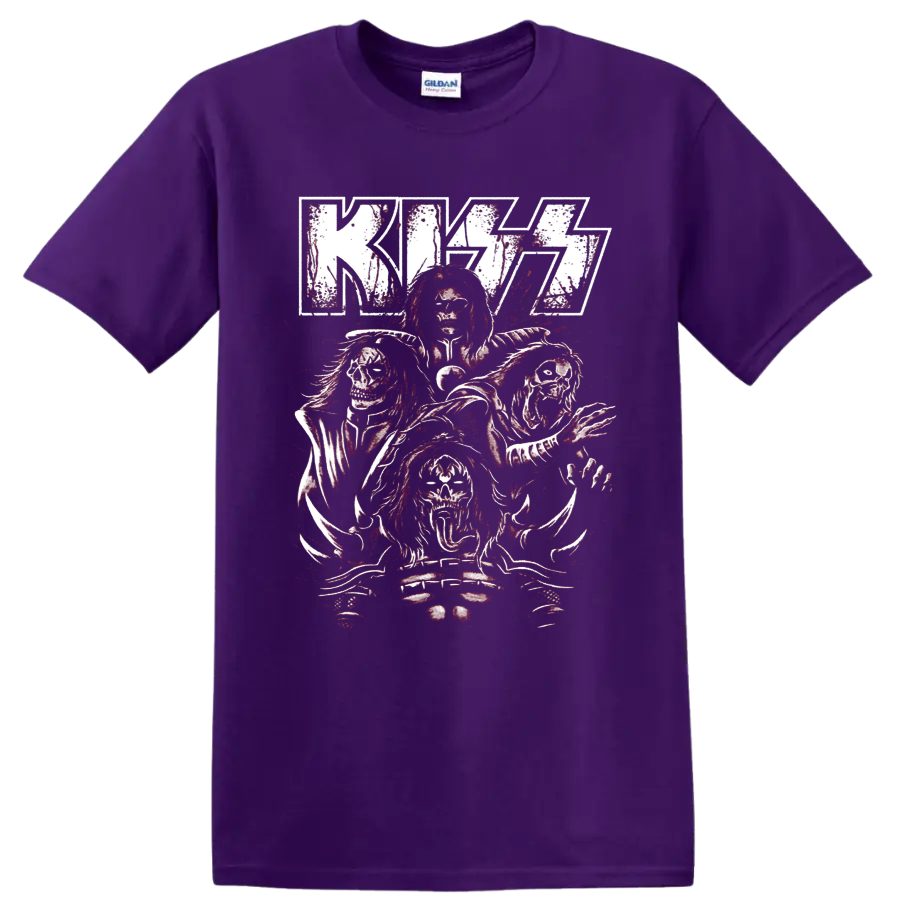 KISS logo with four distressed skull-faced rock figures and red splatter art on a Purple T Shirt