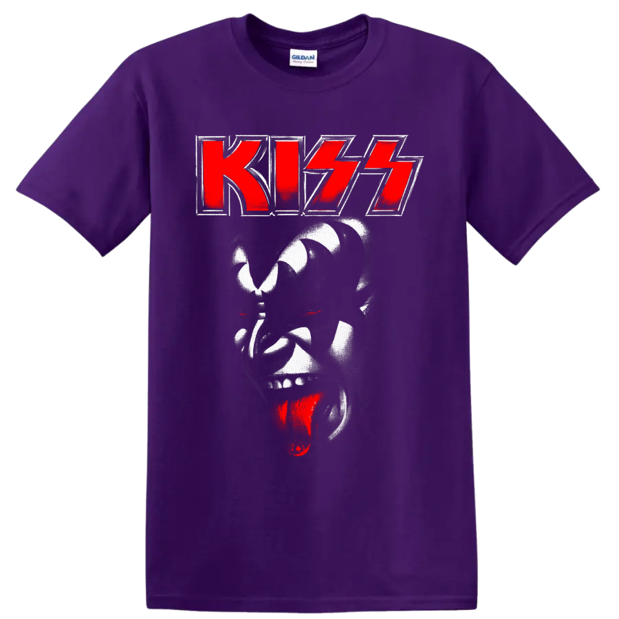 KISS red logo above distressed Demon face with red eyes and tongue graphic on a Purple T Shirt