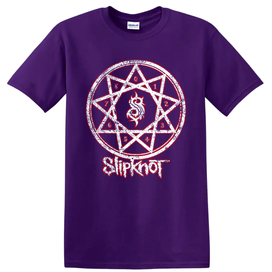 Distressed Slipknot numbered nonagram with horned emblem and red-and-white metal art on a Purple T Shirt
