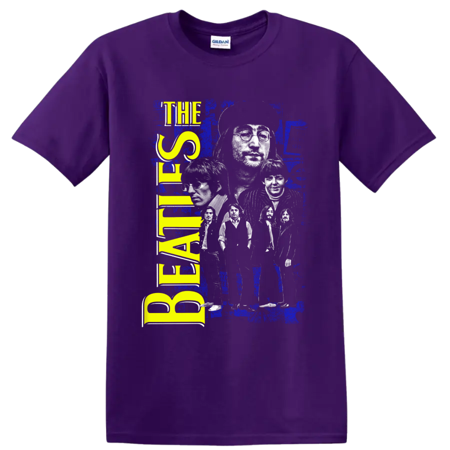 The Beatles distressed blue and yellow portrait collage with vertical band lettering on a Purple T Shirt