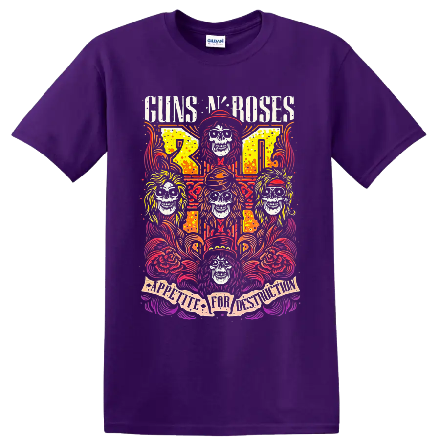 Guns N' Roses Appetite for Destruction skull and roses psychedelic rock art on a Purple T Shirt