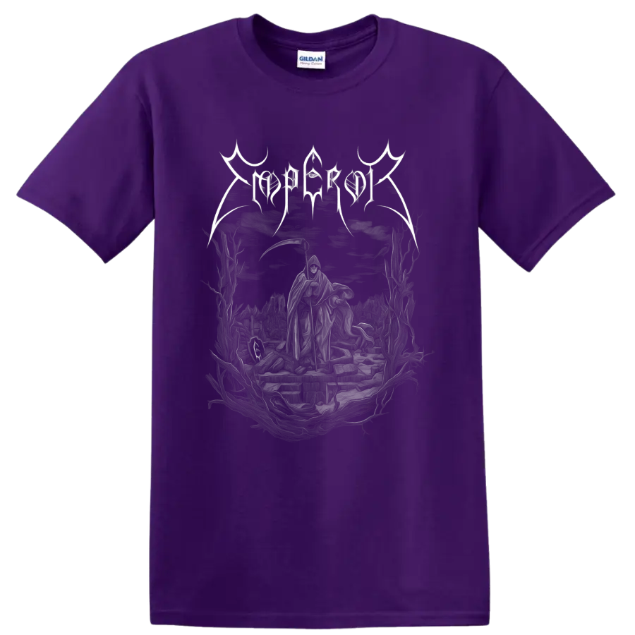 Emperor gothic logo above hooded figures in a dark black metal fantasy landscape on a Purple T Shirt