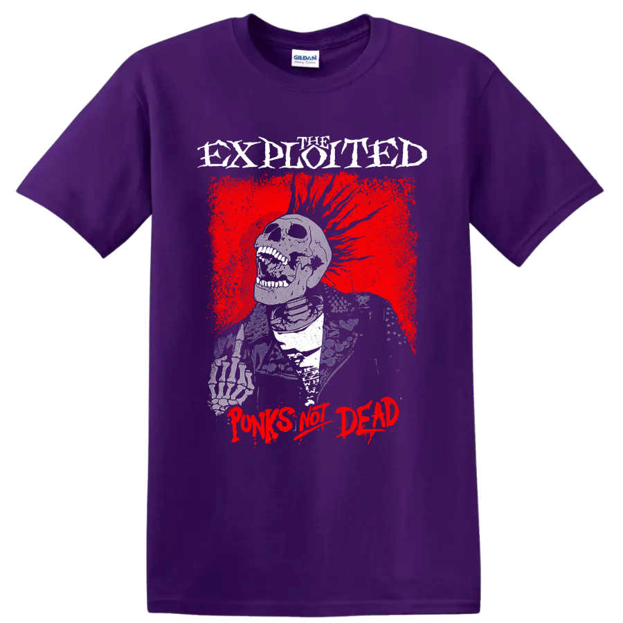 The Exploited Punks Not Dead skeletal punk graphic with distressed red artwork on a Purple T Shirt