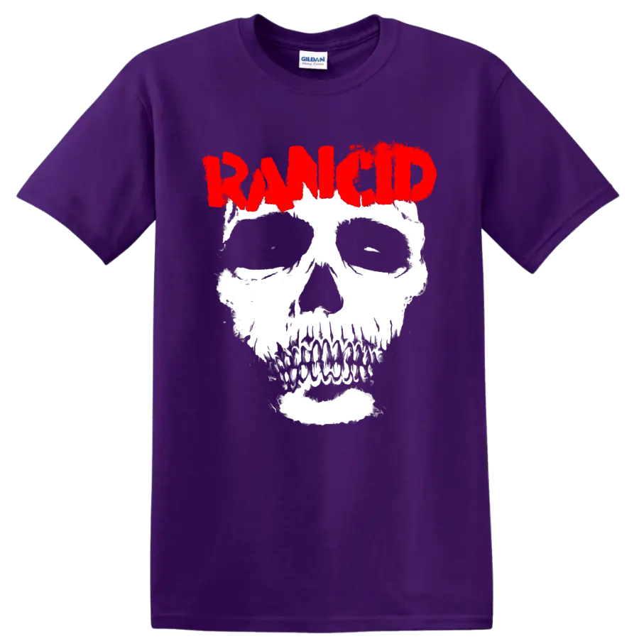 Rancid distressed red logo above a bold white skull punk graphic on a Purple T Shirt
