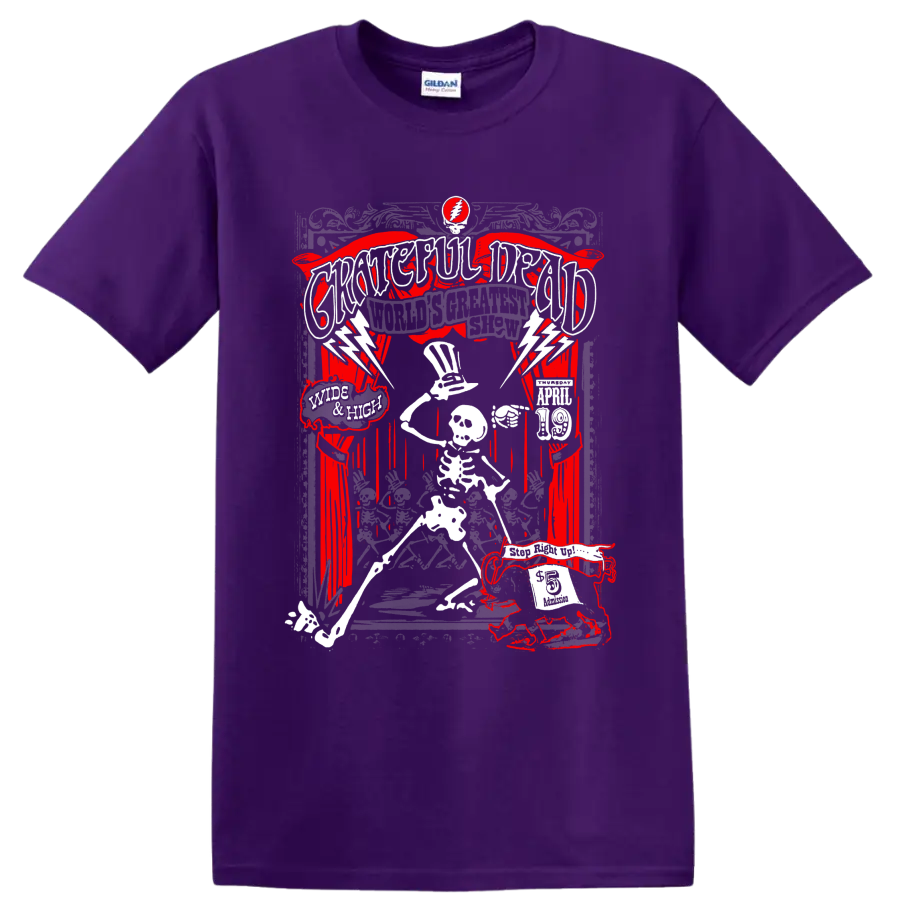 Grateful Dead World's Greatest Show skeleton and lightning concert poster graphic on a Purple T Shirt