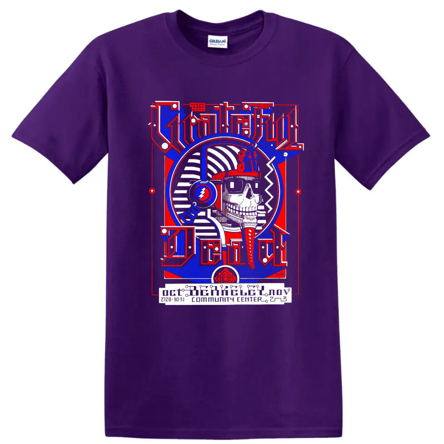 Grateful Dead Pharaoh skull poster with headphones and lightning bolt emblem on a Purple T Shirt