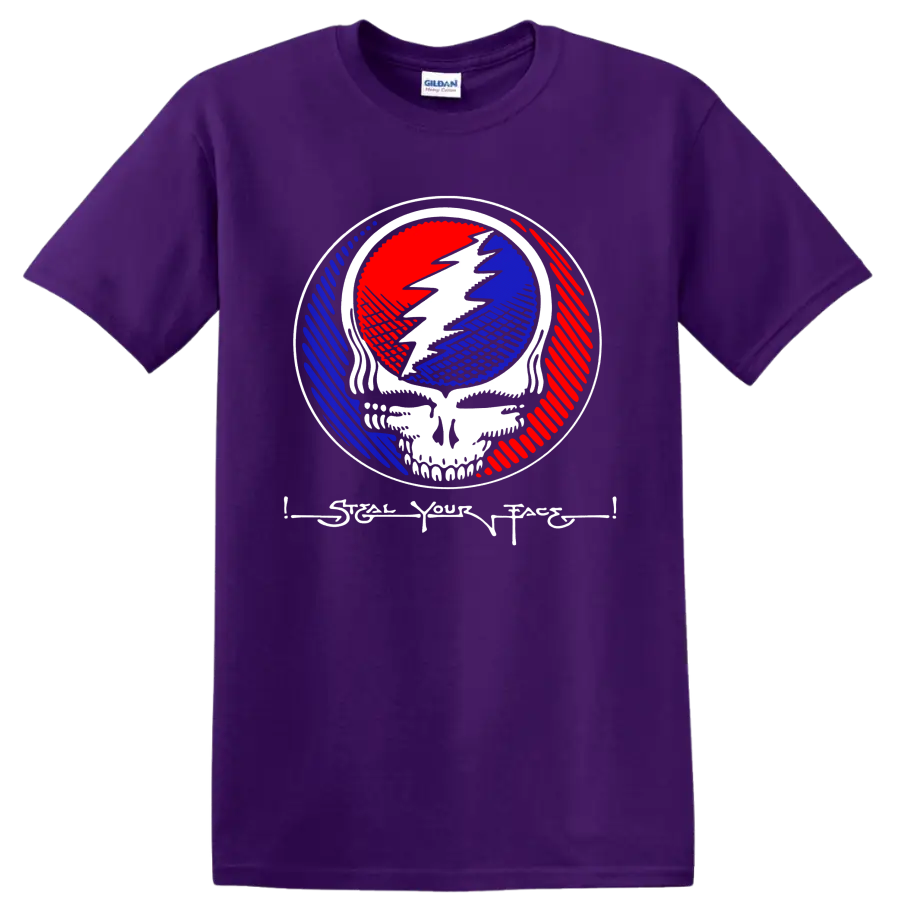 Grateful Dead Steal Your Face skull and lightning emblem in red, white, and blue on a Purple T Shirt