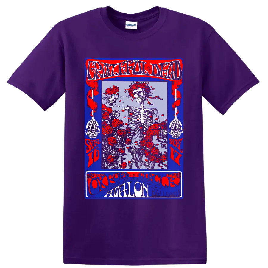 Grateful Dead skeleton and red roses distressed psychedelic concert poster graphic on a Purple T Shirt
