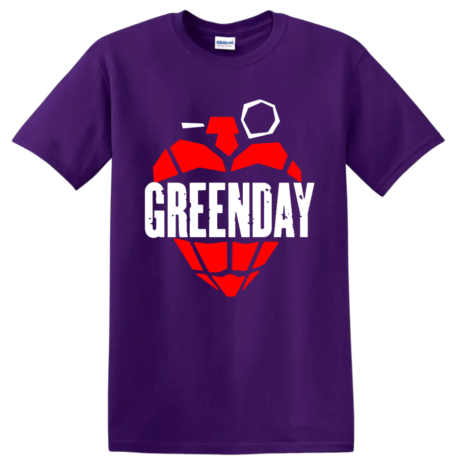 Green Day text over a distressed red grenade-heart punk rock graphic on a Purple T Shirt