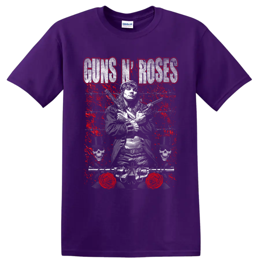 Axl Rose Guns N' Roses distressed rock graphic with crossed pistols and skulls on a Purple T Shirt