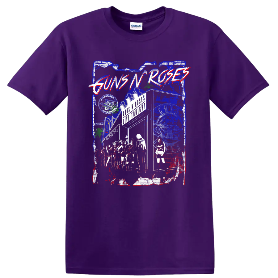 Guns N' Roses distressed Sunset Boulevard Hollywood rock collage graphic on a Purple T Shirt